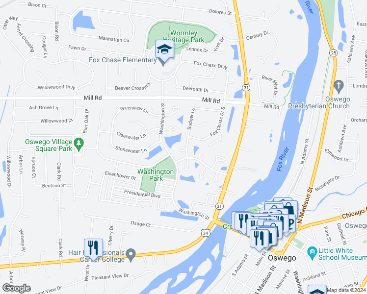 map of restaurants, bars, coffee shops, grocery stores, and more near 701 Ponds Court in Oswego