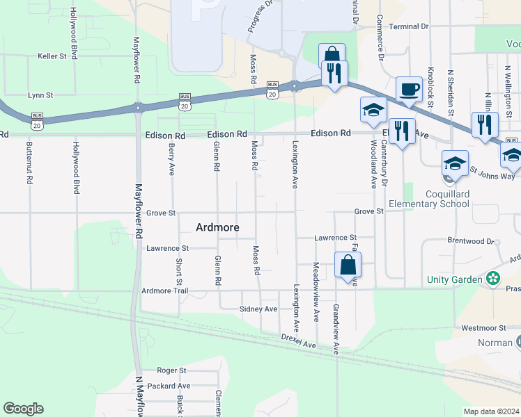 map of restaurants, bars, coffee shops, grocery stores, and more near 55238 Moss Road in South Bend