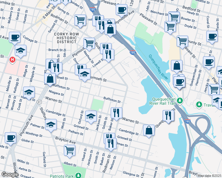 map of restaurants, bars, coffee shops, grocery stores, and more near 459 Snell Street in Fall River