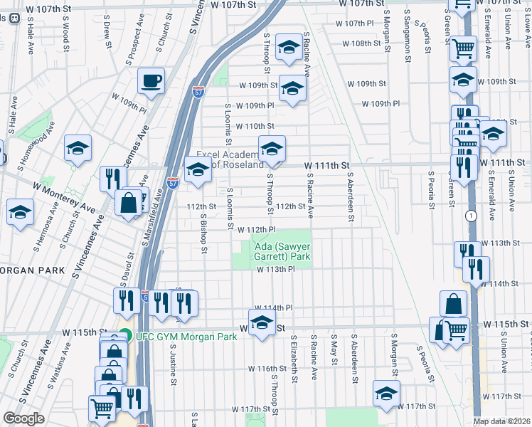 map of restaurants, bars, coffee shops, grocery stores, and more near 1305 West 112th Street in Chicago
