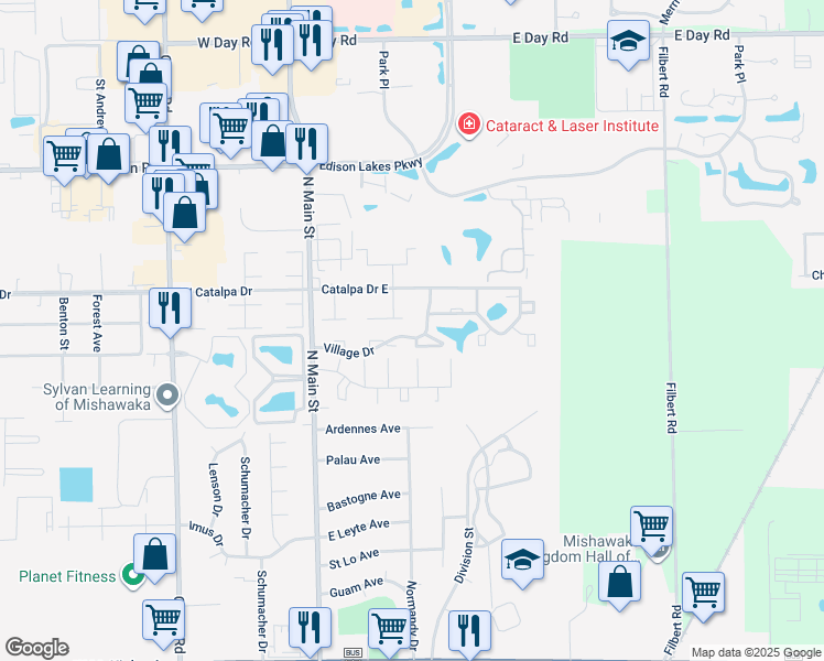 map of restaurants, bars, coffee shops, grocery stores, and more near 302 Village Drive in Mishawaka
