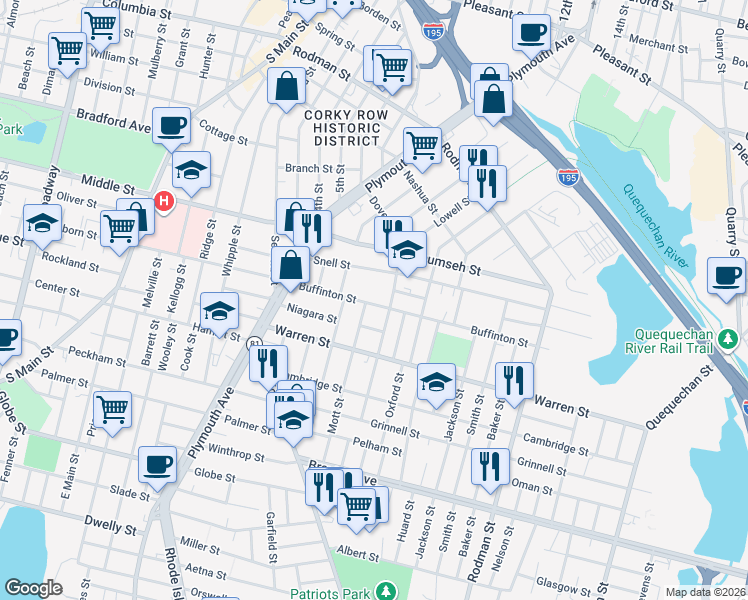 map of restaurants, bars, coffee shops, grocery stores, and more near 29 Mott Street in Fall River