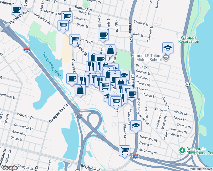 map of restaurants, bars, coffee shops, grocery stores, and more near 43 Claflin Street in Fall River