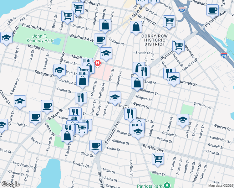 map of restaurants, bars, coffee shops, grocery stores, and more near 564 Whipple Street in Fall River