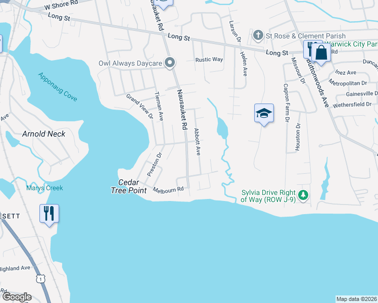 map of restaurants, bars, coffee shops, grocery stores, and more near 125 Abbott Avenue in Warwick
