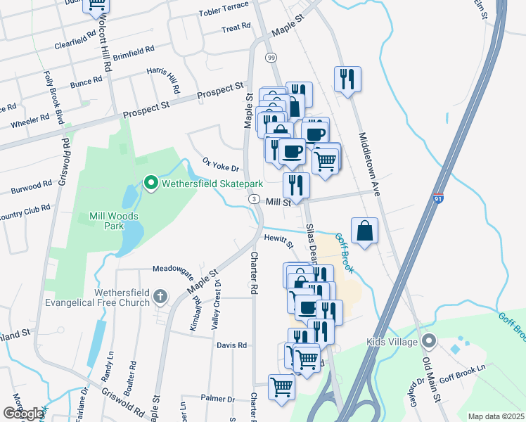 map of restaurants, bars, coffee shops, grocery stores, and more near 336 Maple Street in Wethersfield