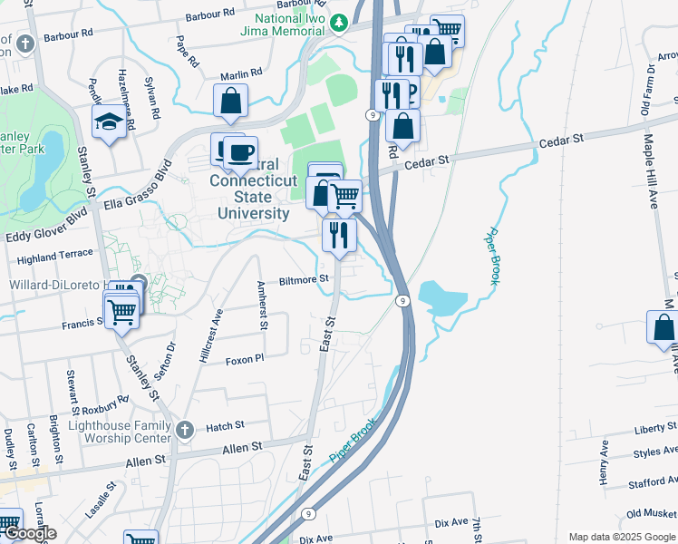map of restaurants, bars, coffee shops, grocery stores, and more near 1360 East Street in New Britain