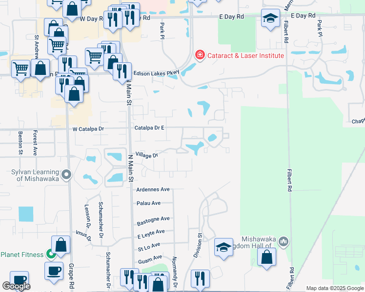 map of restaurants, bars, coffee shops, grocery stores, and more near 3195 Whitfield Court in Mishawaka