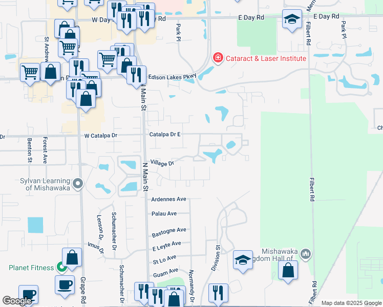 map of restaurants, bars, coffee shops, grocery stores, and more near 3196 Williamsburg Court in Mishawaka