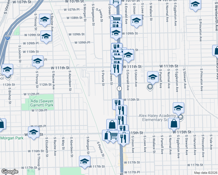 map of restaurants, bars, coffee shops, grocery stores, and more near 11233 South Green Street in Chicago