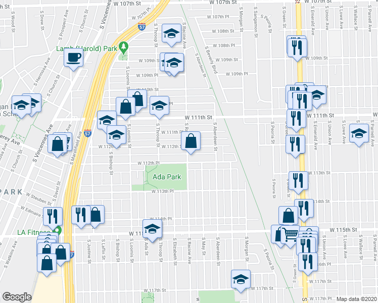 map of restaurants, bars, coffee shops, grocery stores, and more near 1208 West 112th Place in Chicago