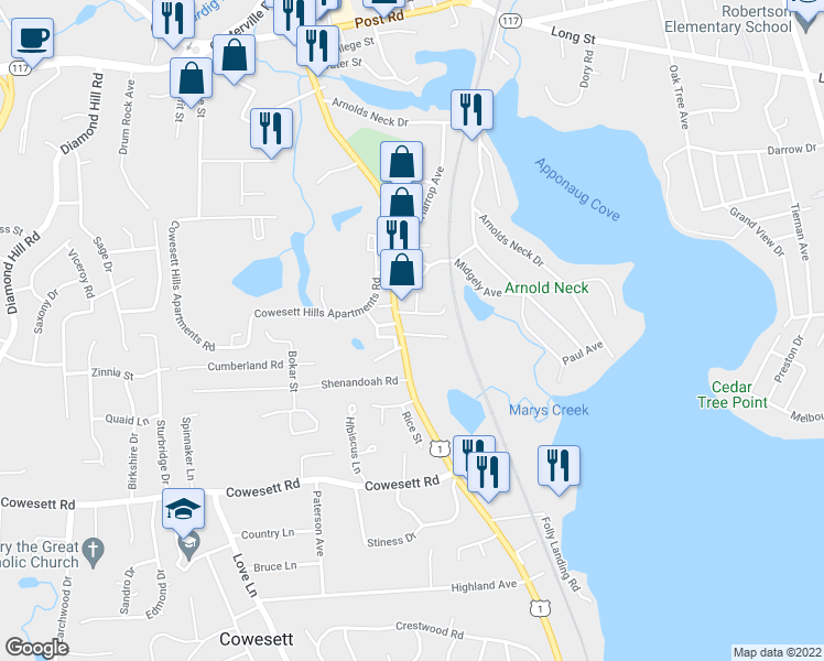 map of restaurants, bars, coffee shops, grocery stores, and more near 55 Reeland Avenue in Warwick