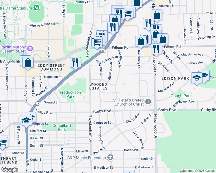 map of restaurants, bars, coffee shops, grocery stores, and more near 1704 Scottswood Drive in South Bend