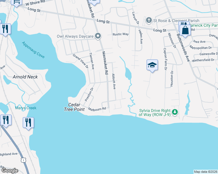 map of restaurants, bars, coffee shops, grocery stores, and more near 125 Abbott Avenue in Warwick