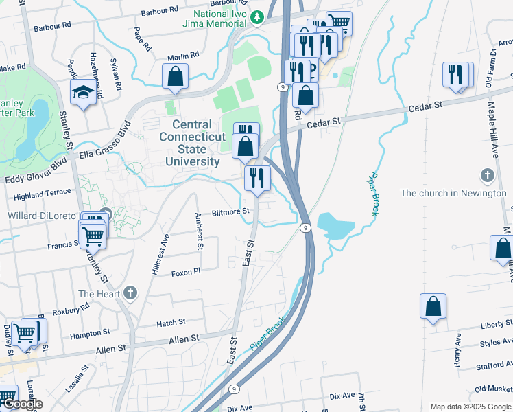 map of restaurants, bars, coffee shops, grocery stores, and more near 1360 East St in New Britain