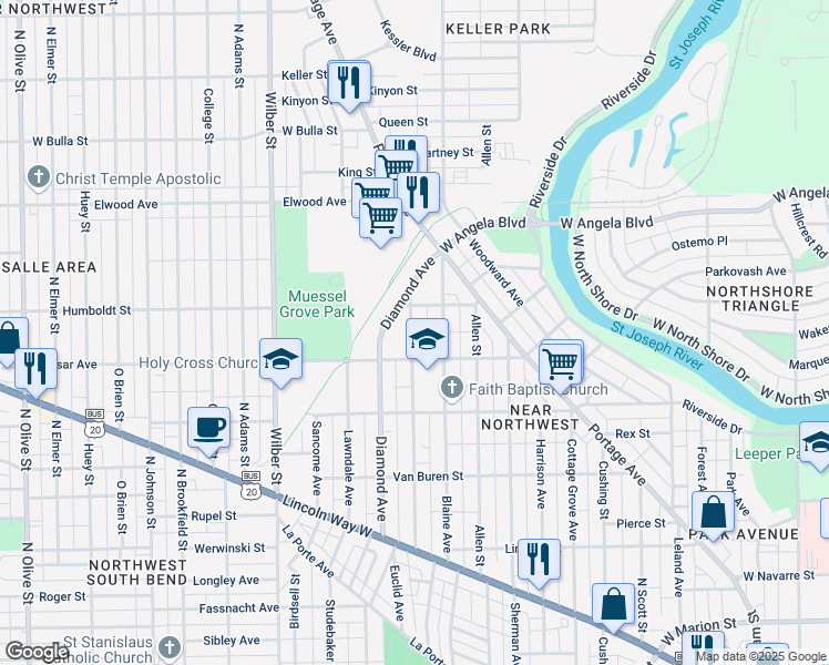 map of restaurants, bars, coffee shops, grocery stores, and more near 1215 Vassar Avenue in South Bend