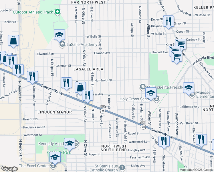 map of restaurants, bars, coffee shops, grocery stores, and more near 1110 O Brien Street in South Bend