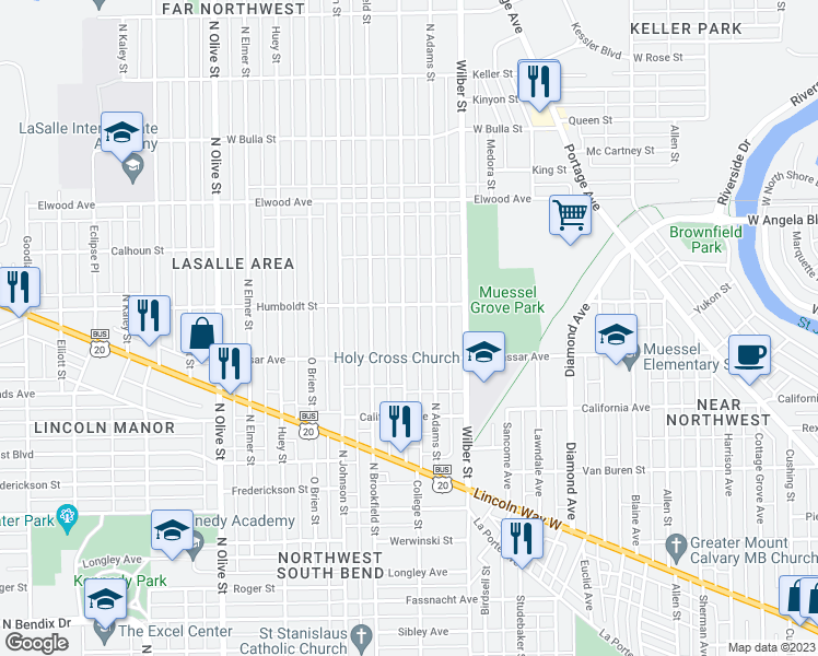 map of restaurants, bars, coffee shops, grocery stores, and more near 1130 College Street in South Bend
