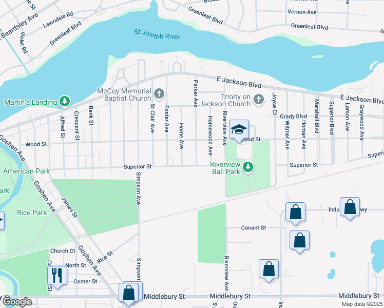map of restaurants, bars, coffee shops, grocery stores, and more near 244 Home Avenue in Elkhart