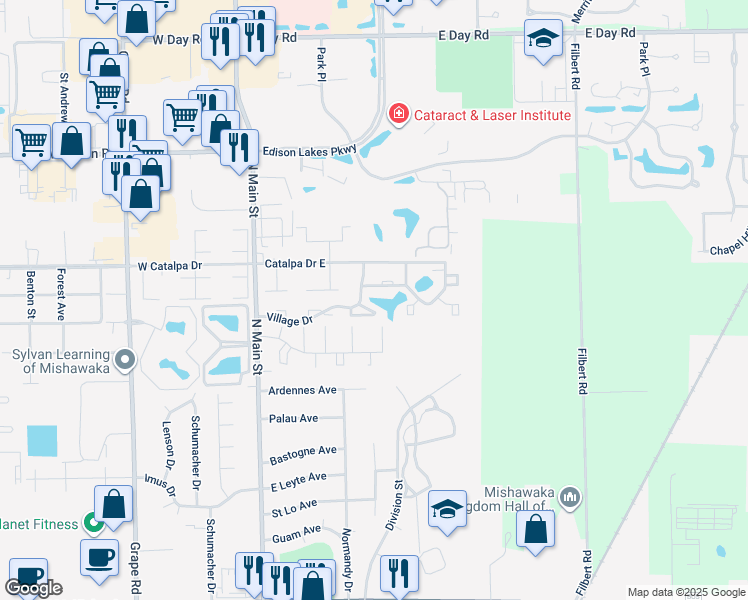 map of restaurants, bars, coffee shops, grocery stores, and more near 302 Village Drive in Mishawaka