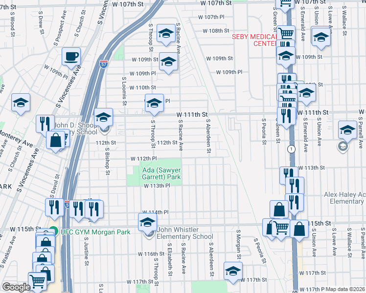 map of restaurants, bars, coffee shops, grocery stores, and more near 1208 West 112th Place in Chicago