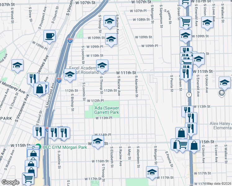 map of restaurants, bars, coffee shops, grocery stores, and more near 1208 West 112th Place in Chicago