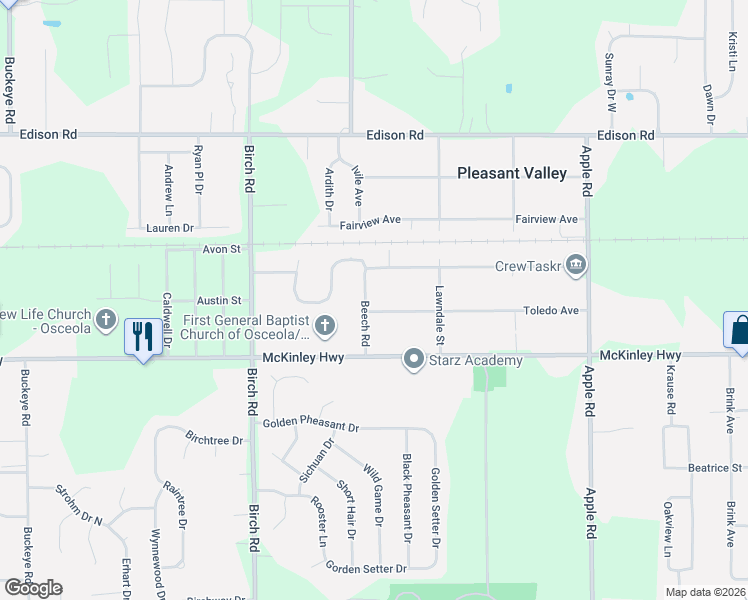 map of restaurants, bars, coffee shops, grocery stores, and more near 55500-55598 Beech Road in Osceola