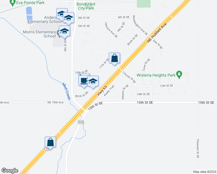 map of restaurants, bars, coffee shops, grocery stores, and more near 1306 Kadin Trail in Bondurant