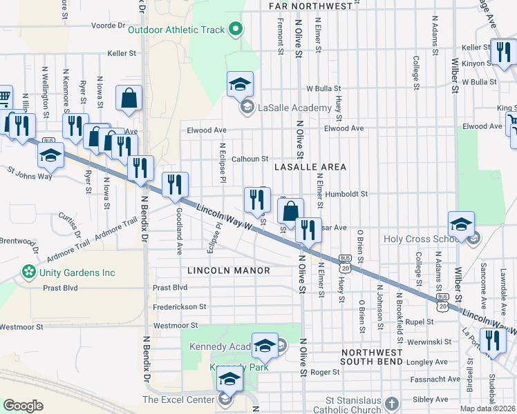 map of restaurants, bars, coffee shops, grocery stores, and more near 1120 North Meade Street in South Bend