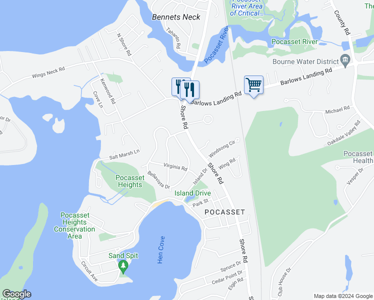 map of restaurants, bars, coffee shops, grocery stores, and more near 14 Virginia Road in Bourne