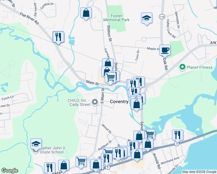 map of restaurants, bars, coffee shops, grocery stores, and more near 14 South Main Street in Coventry