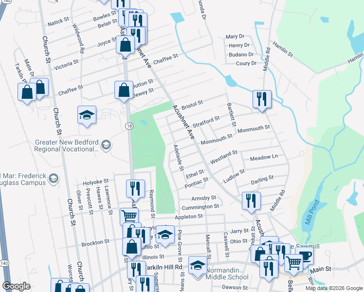 map of restaurants, bars, coffee shops, grocery stores, and more near 1043 Beckett Street in New Bedford