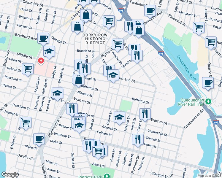 map of restaurants, bars, coffee shops, grocery stores, and more near 253 Buffinton Street in Fall River