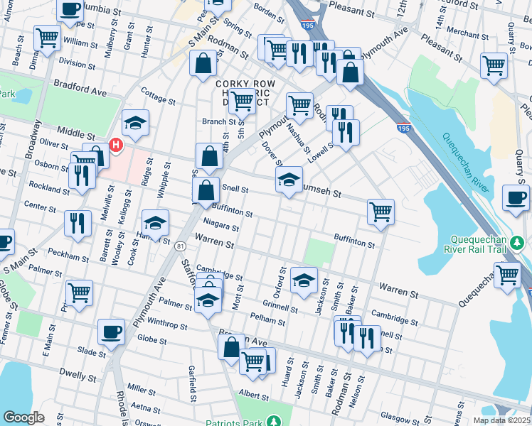 map of restaurants, bars, coffee shops, grocery stores, and more near 29 Mott Street in Fall River