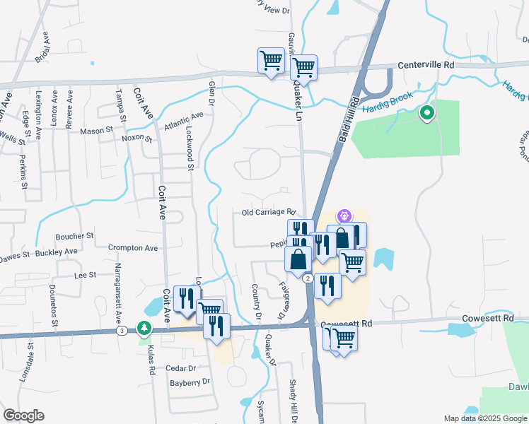 map of restaurants, bars, coffee shops, grocery stores, and more near 32 Old Carriage Road in West Warwick