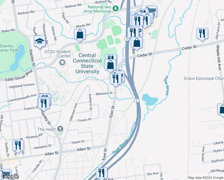 map of restaurants, bars, coffee shops, grocery stores, and more near 1360 East Street in New Britain