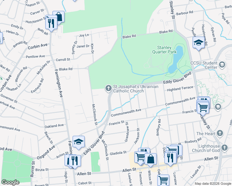 map of restaurants, bars, coffee shops, grocery stores, and more near 47 Mohawk Street in New Britain
