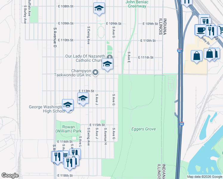map of restaurants, bars, coffee shops, grocery stores, and more near 11315 South Avenue H in Chicago
