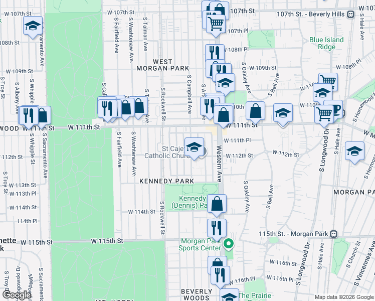 map of restaurants, bars, coffee shops, grocery stores, and more near 11206 South Campbell Avenue in Chicago