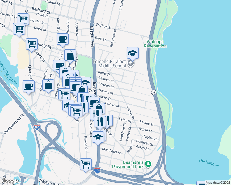 map of restaurants, bars, coffee shops, grocery stores, and more near in Fall River