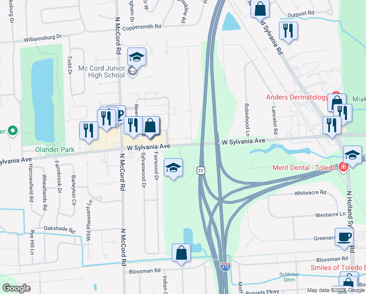map of restaurants, bars, coffee shops, grocery stores, and more near 6505 Sylvania Ave in Sylvania