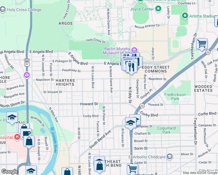 map of restaurants, bars, coffee shops, grocery stores, and more near 1038 North Notre Dame Avenue in South Bend