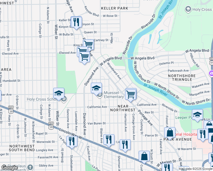 map of restaurants, bars, coffee shops, grocery stores, and more near 1101 Allen Street in South Bend