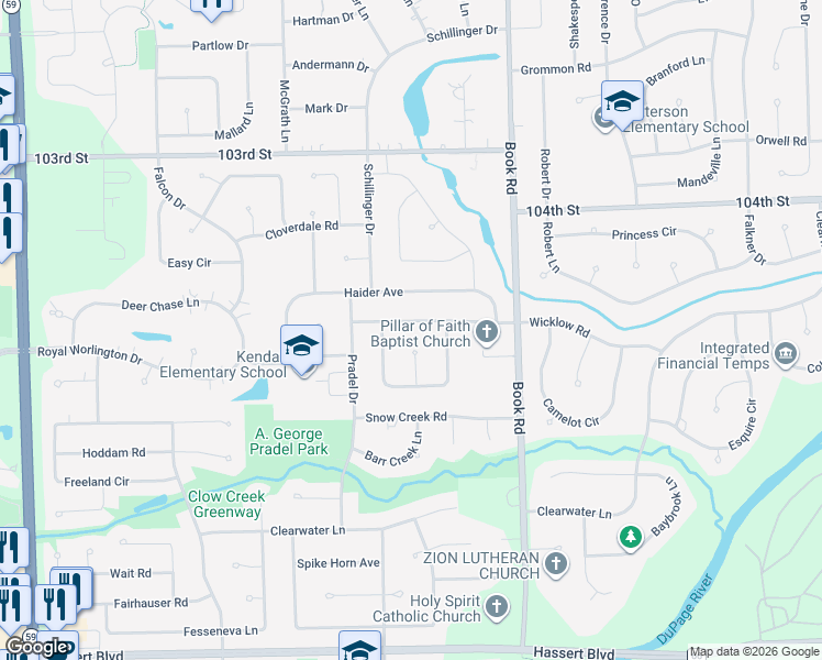 map of restaurants, bars, coffee shops, grocery stores, and more near 4412 Buttermilk Court in Naperville