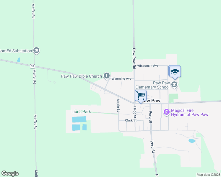 map of restaurants, bars, coffee shops, grocery stores, and more near 521 Park Avenue in Paw Paw