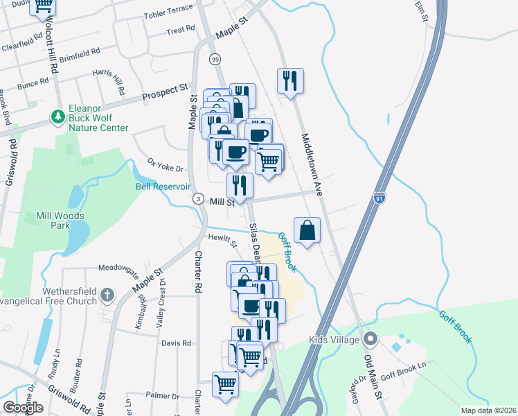 map of restaurants, bars, coffee shops, grocery stores, and more near 1178 Silas Deane Highway in Wethersfield