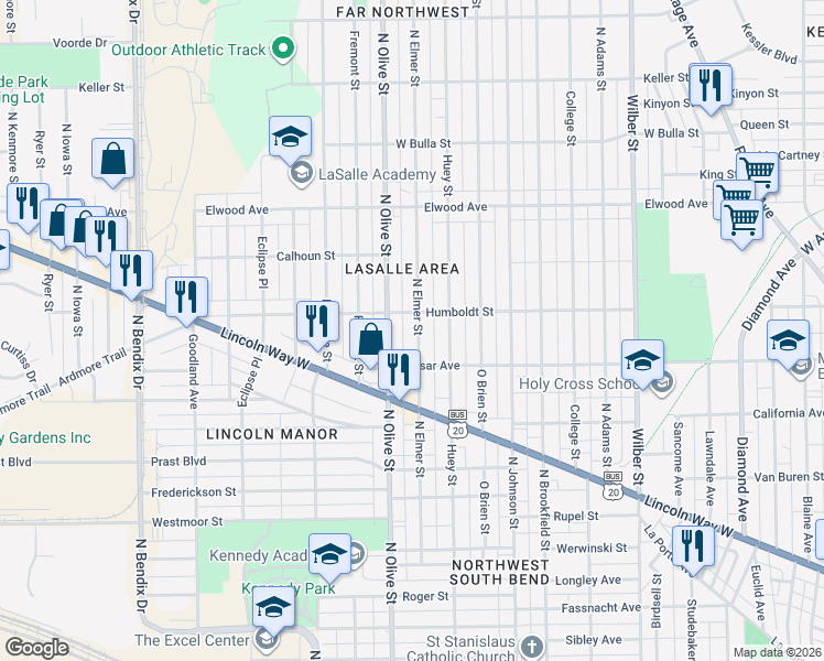 map of restaurants, bars, coffee shops, grocery stores, and more near 1105 North Elmer Street in South Bend