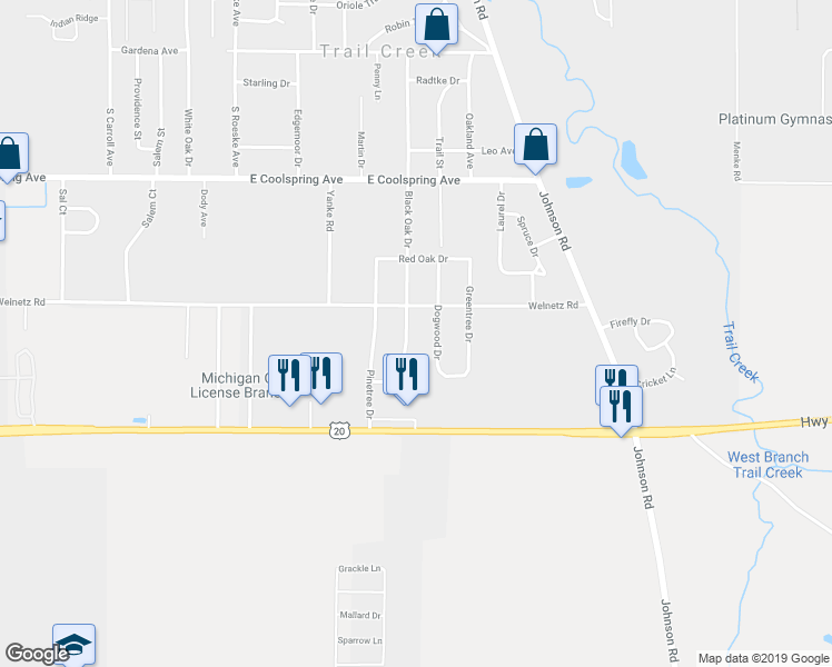 map of restaurants, bars, coffee shops, grocery stores, and more near 608 Black Oak Drive in Michigan City