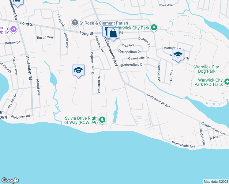 map of restaurants, bars, coffee shops, grocery stores, and more near 595 Buttonwoods Avenue in Warwick