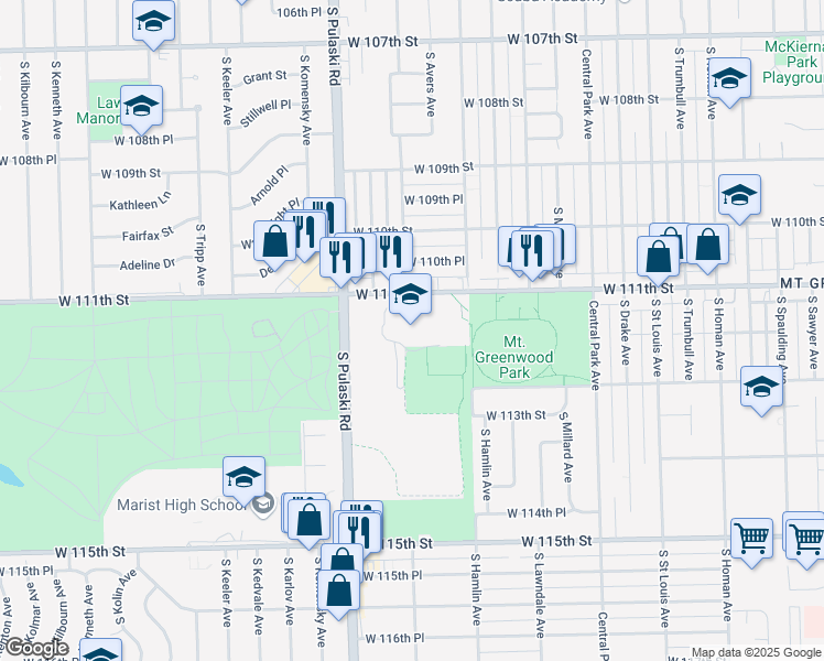 map of restaurants, bars, coffee shops, grocery stores, and more near 3857 West 111th Street in Chicago